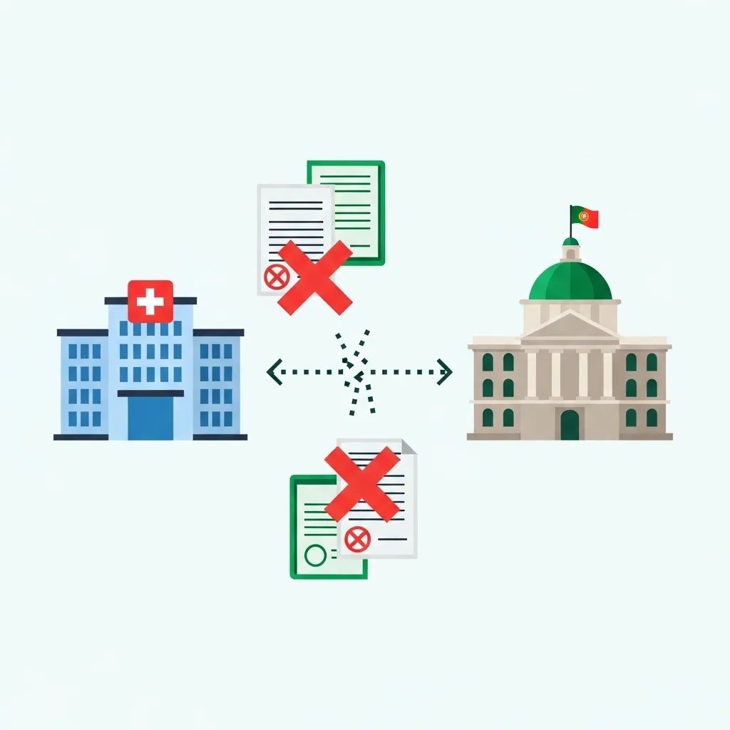 Infographic of broken data flow between health service and social security systems with error icons