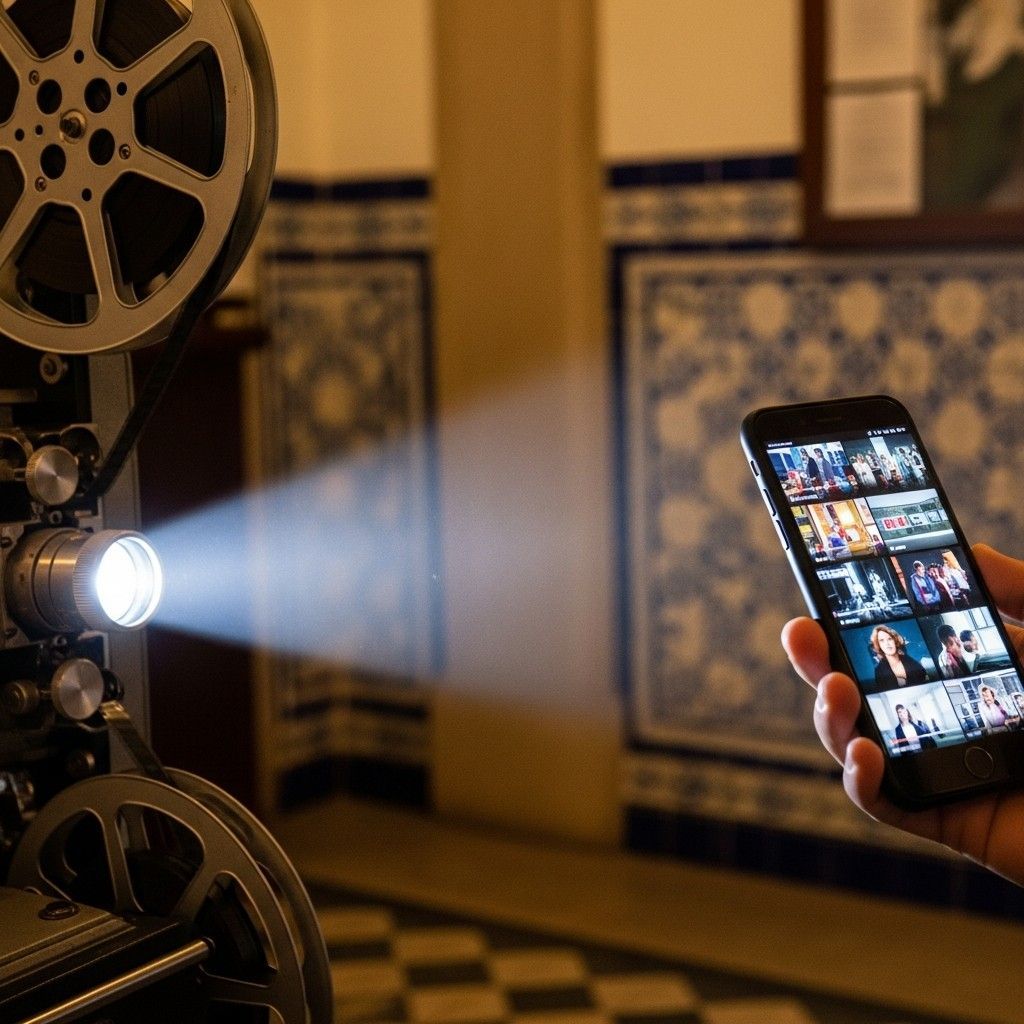 Vintage film reels and a smartphone showing short video clips in a cinema interior with Portuguese tile walls