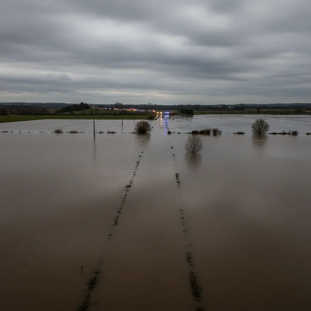 Flooded Portuguese rice paddies with submerged roads after Mondego River overflow