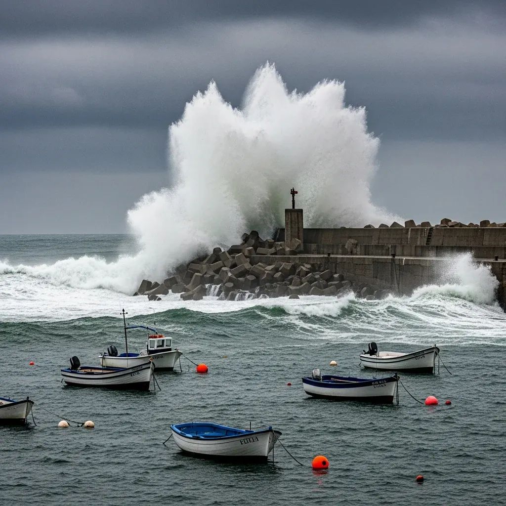 Grandes ondas atlânticas a quebrarem num porto português sob céu tempestuoso