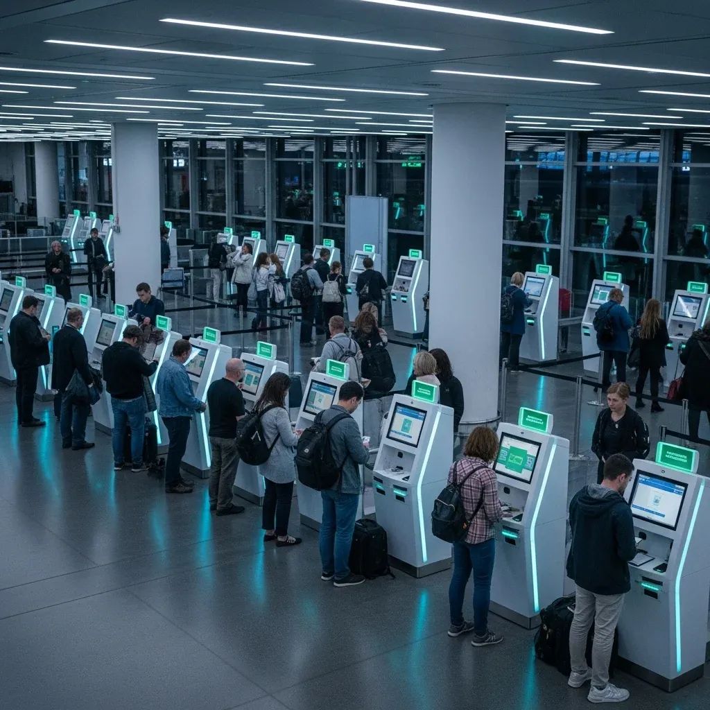 Travellers queuing at airport biometric passport control kiosks