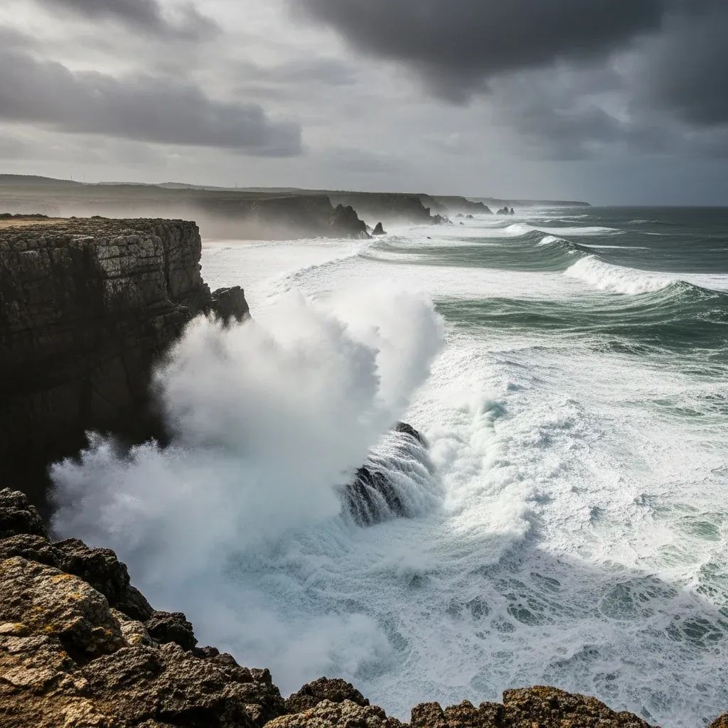 Stormy Portuguese coastline with large waves crashing against rocky cliffs