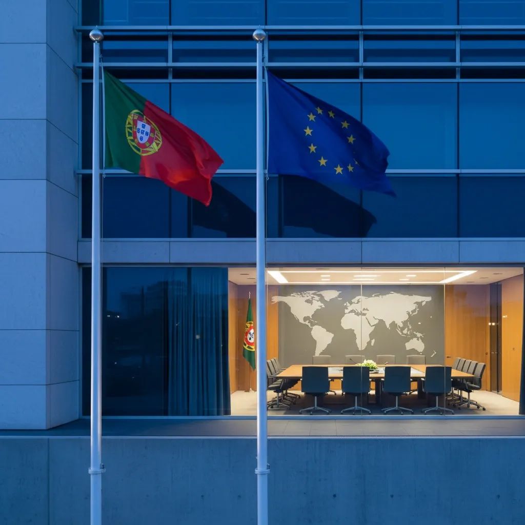 Government building with Portuguese and EU flags representing diplomatic alliance and international support for Ukraine