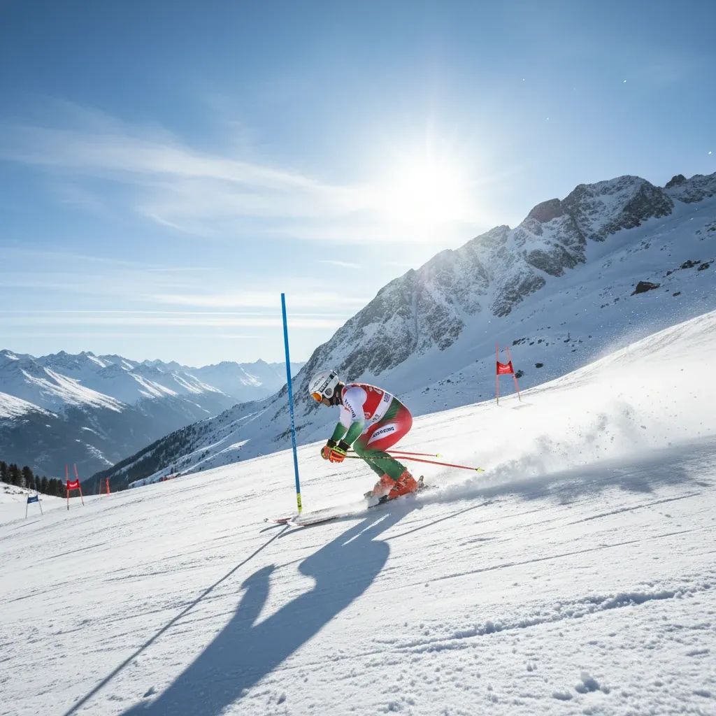 Portuguese-coloured alpine skier carving a giant-slalom turn on a bright Alpine slope