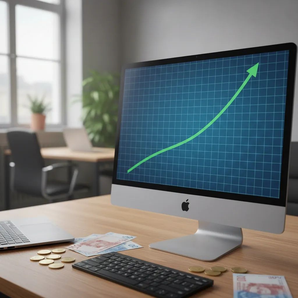 Computer monitor displaying upward economic chart with euro coins and Portuguese banknotes on desk