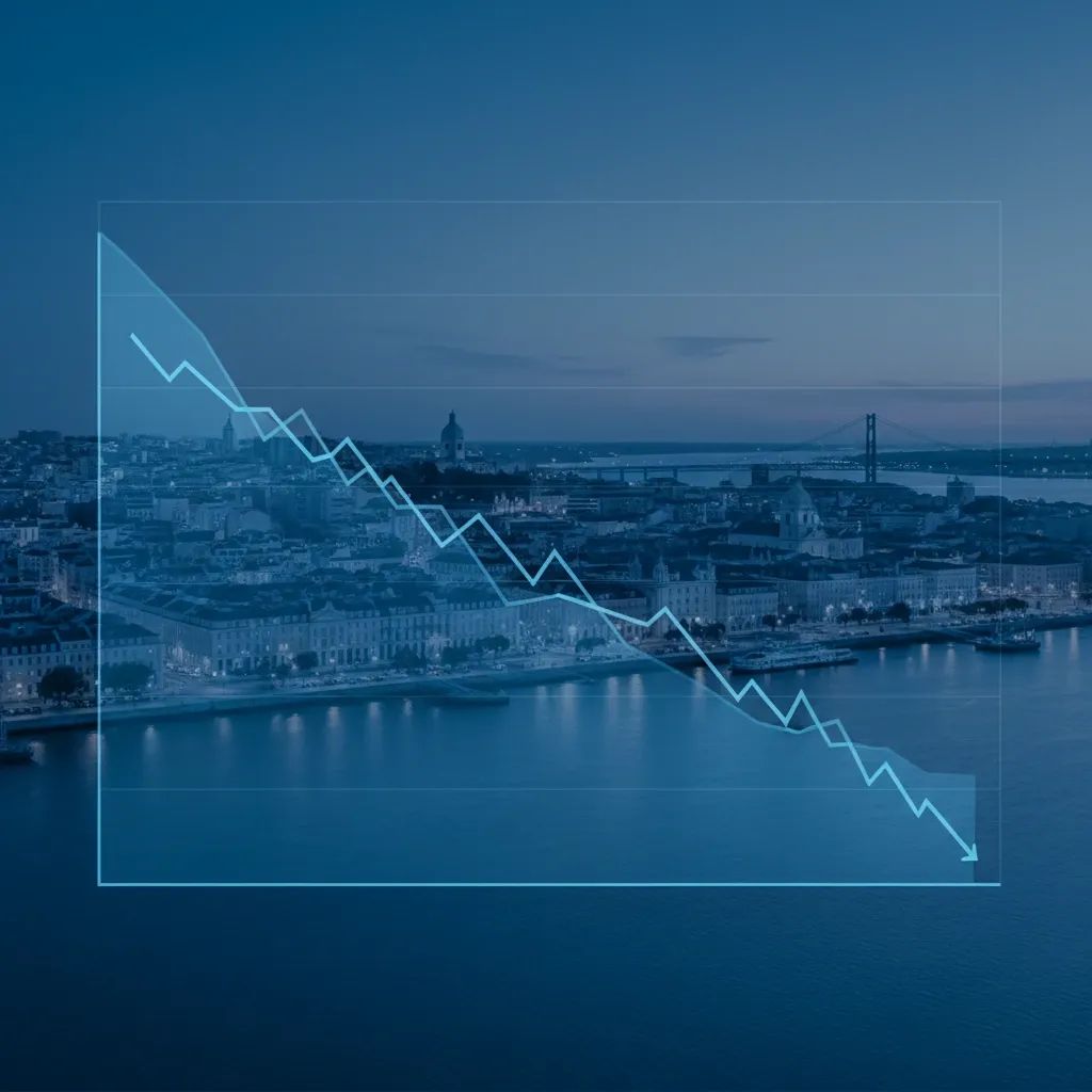 Lisbon skyline at dusk with faint bond-yield graph overlay symbolising lower Portuguese borrowing costs