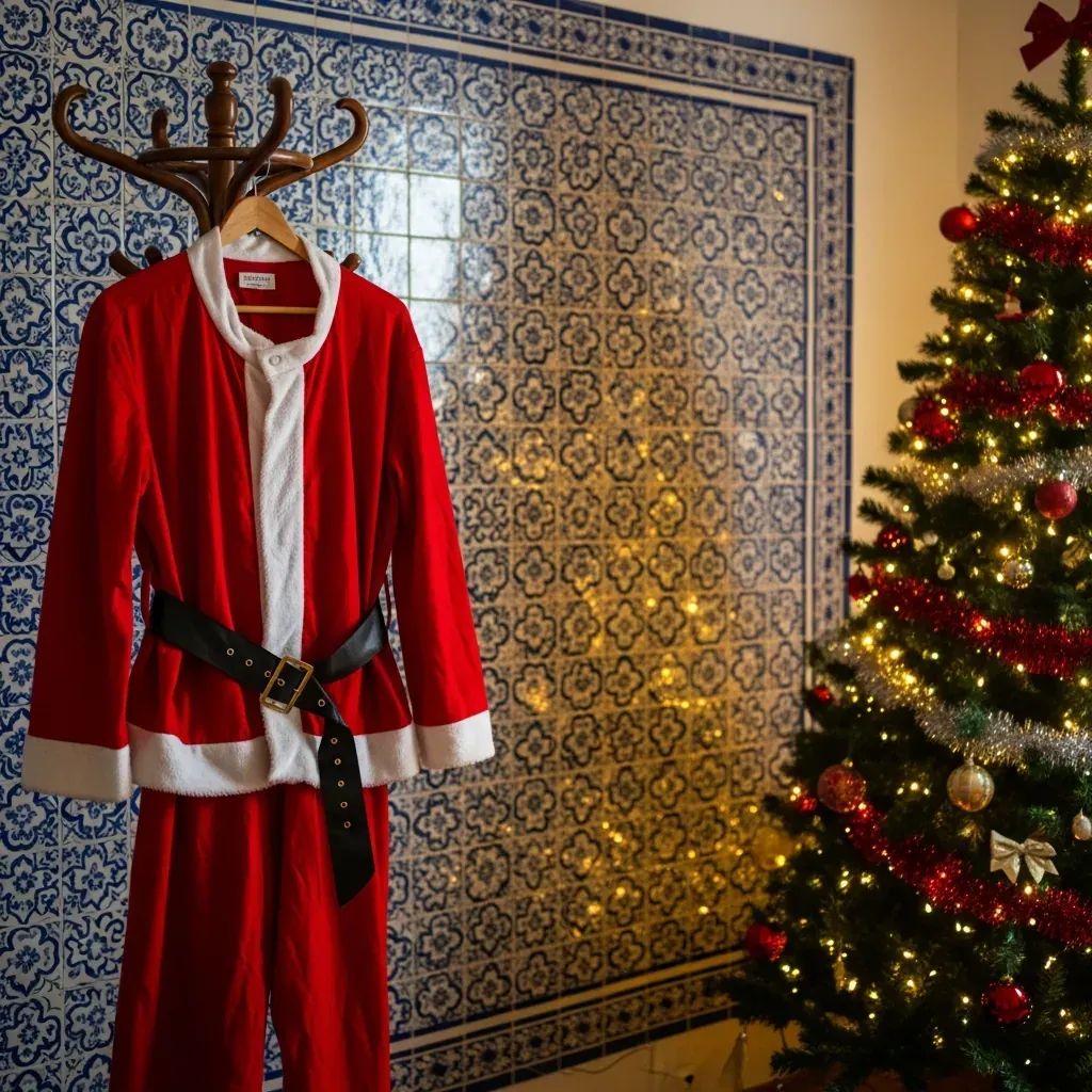 Red Santa suit on a coat rack beside a decorated Christmas tree in a Portuguese living room