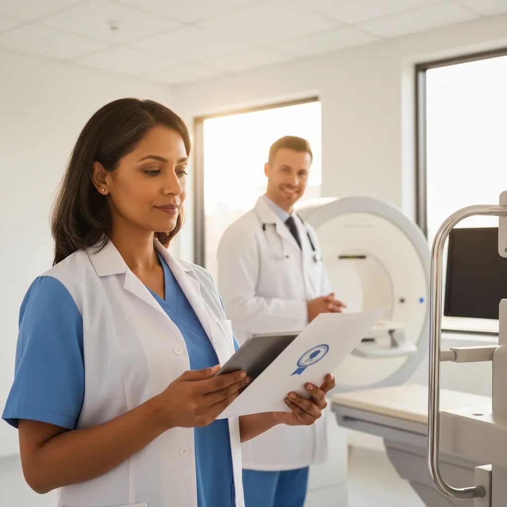 Patient reviewing medical credentials in licensed aesthetic clinic with qualified physician present