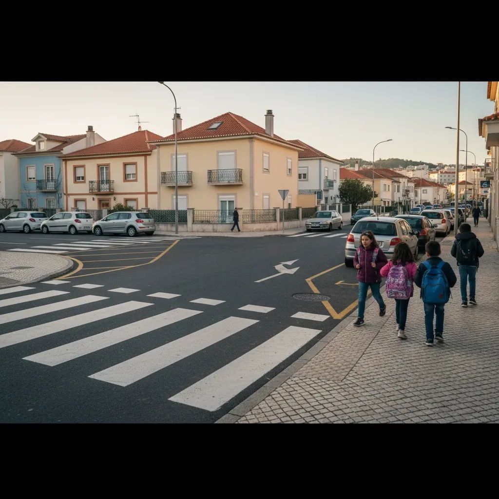 Portuguese residential street with pedestrian crosswalk and children on sidewalk near traffic