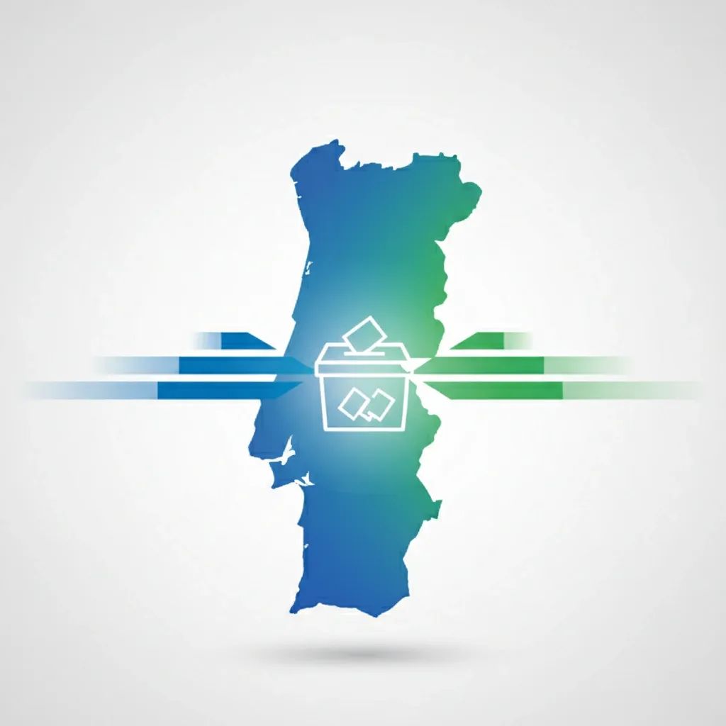 Map of Portugal with left and right political bars converging on a ballot box icon