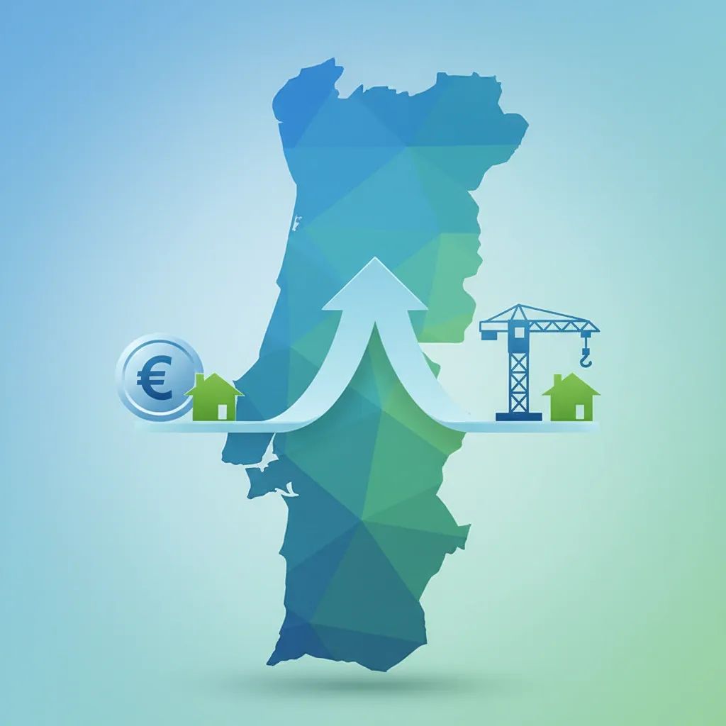 Infographic of Portugal map with rising growth arrow, euro coins and housing icons