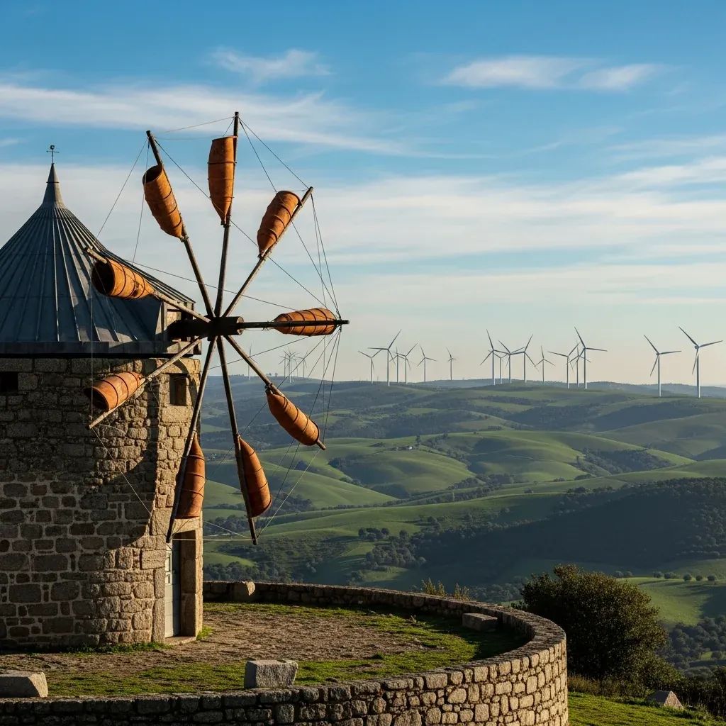 Traditional Portuguese windmill on a green hill with modern wind turbines in the distance