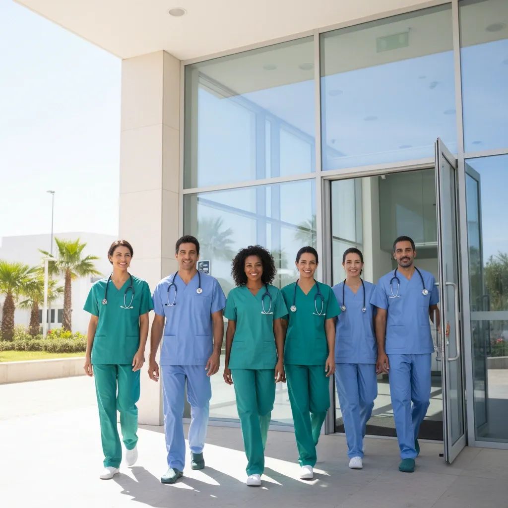 Group of doctors and nurses walking into a Portuguese health clinic entrance