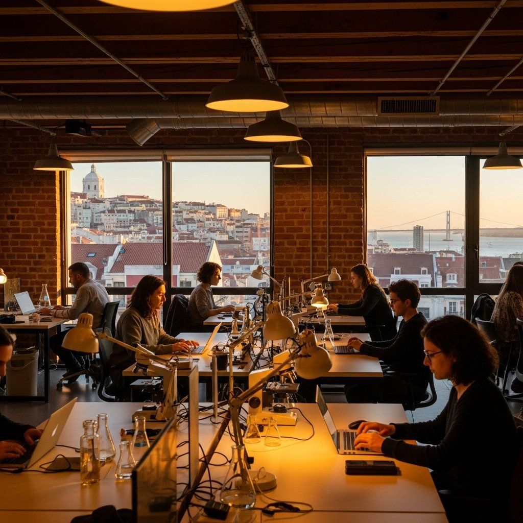 Modern co-working space overlooking Lisbon skyline, representing Portugal’s new innovation tax incentive