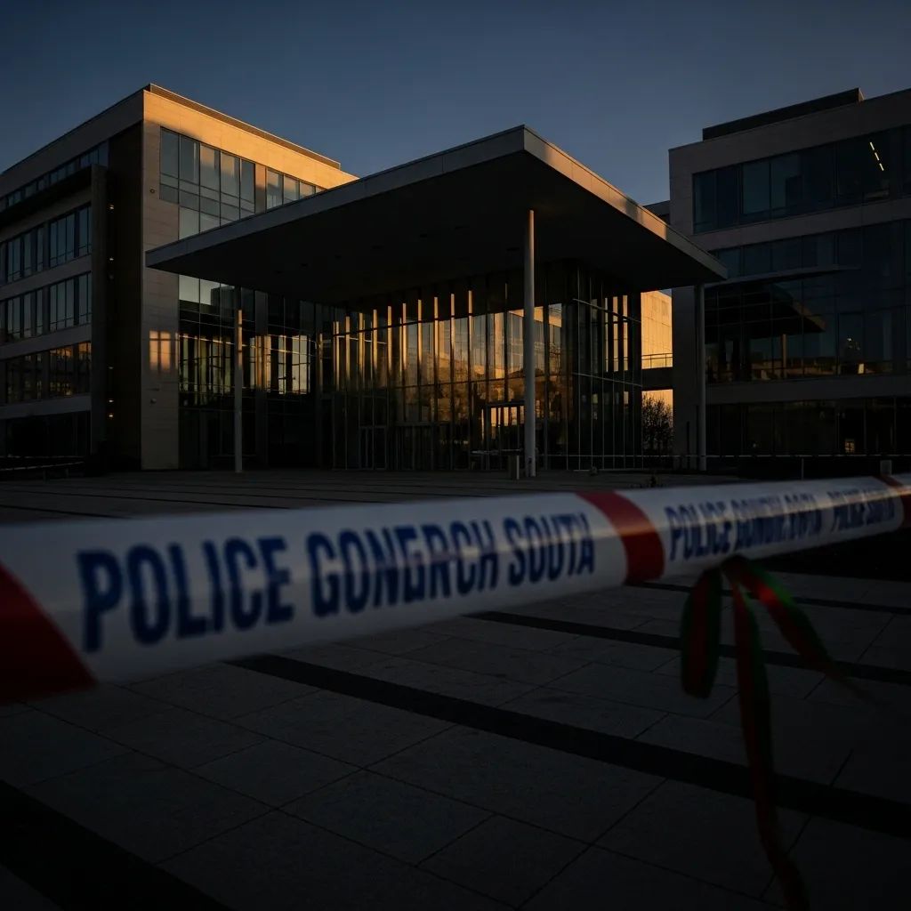 Police tape outside a research building entrance at dusk with a red and green ribbon