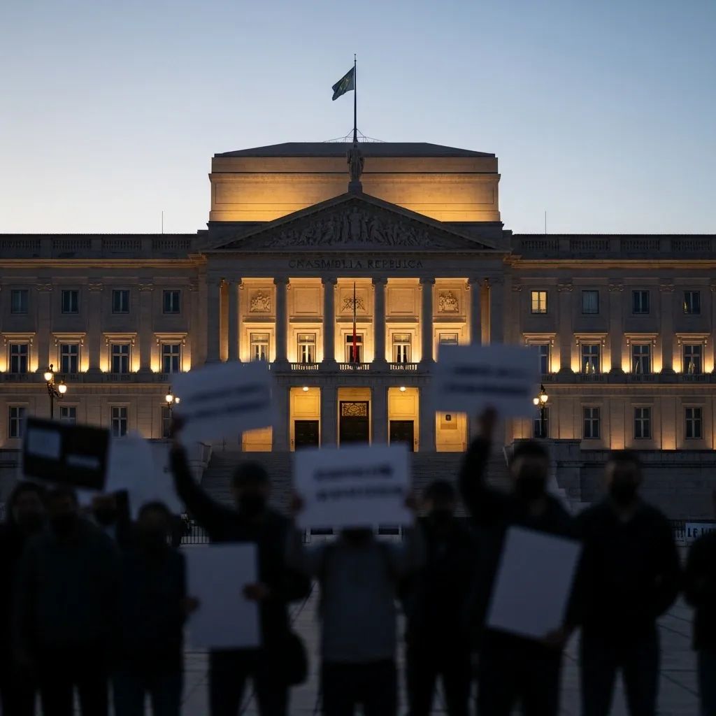 Silhouettes of protesters holding signs near the Portuguese parliament building