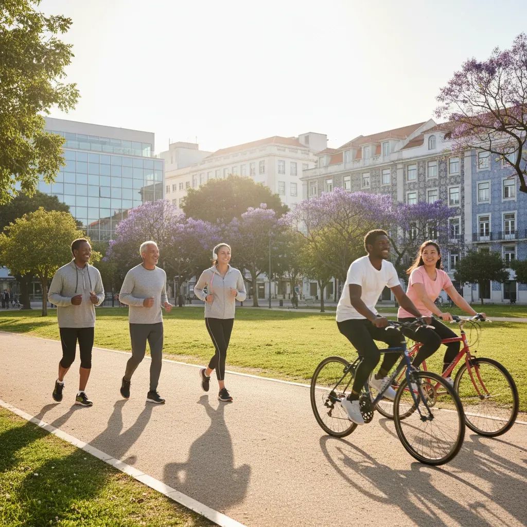 People cycling, walking and jogging in a Portuguese park with urban backdrop