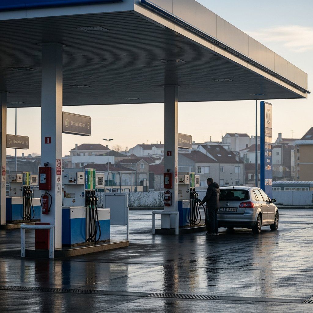 Car refueling at a Portuguese gas station with fuel pumps in view