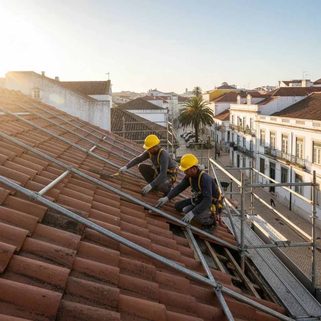 Construction workers repairing a terracotta-tiled roof of a Portuguese home