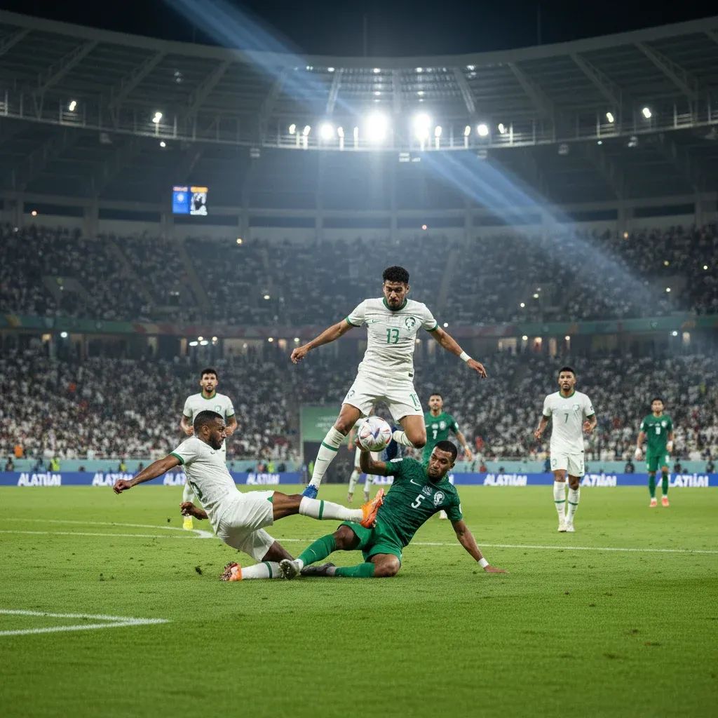 Football match in progress at Saudi Pro League stadium with players in action