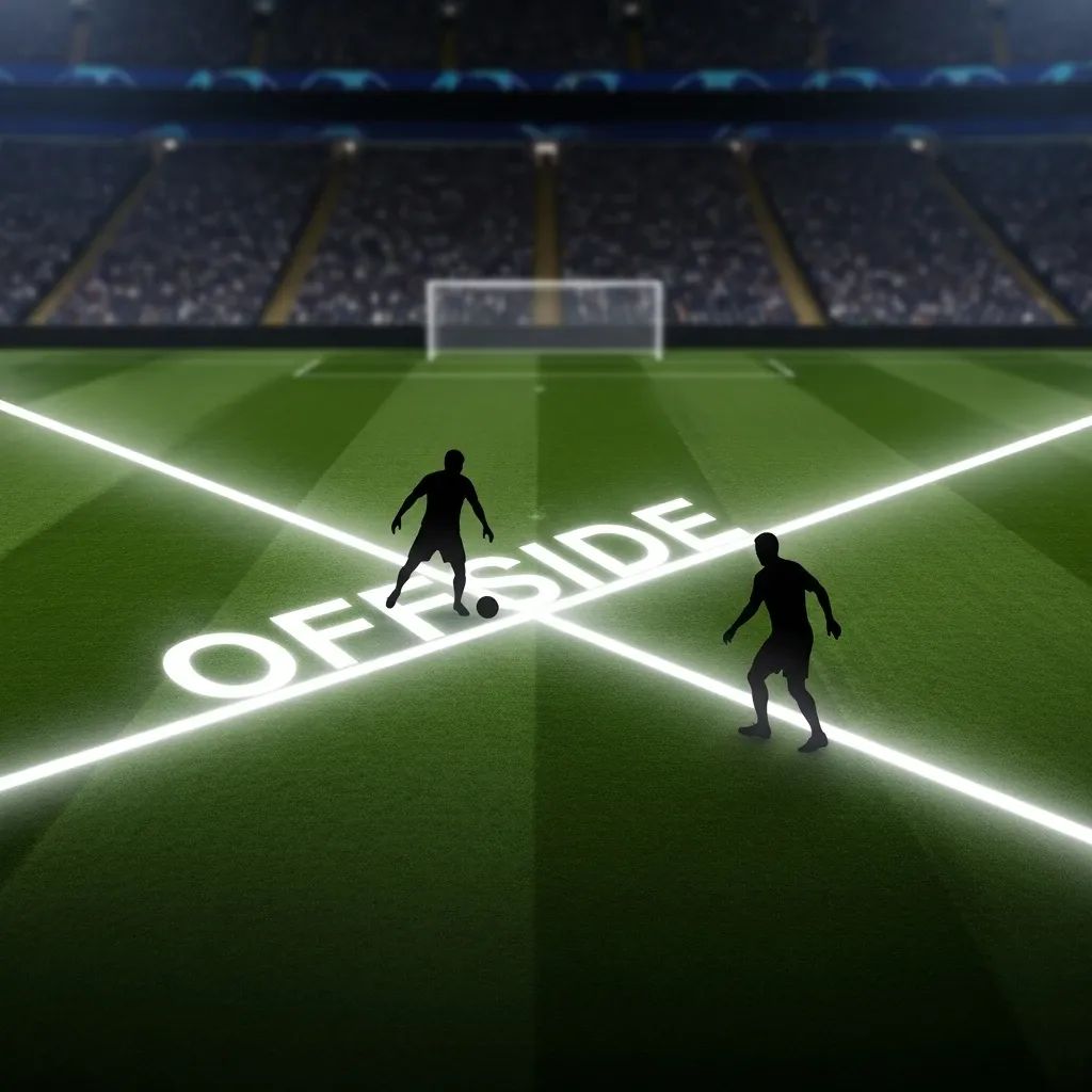 Overhead view of a football pitch with offside line highlighted and player silhouettes near the line
