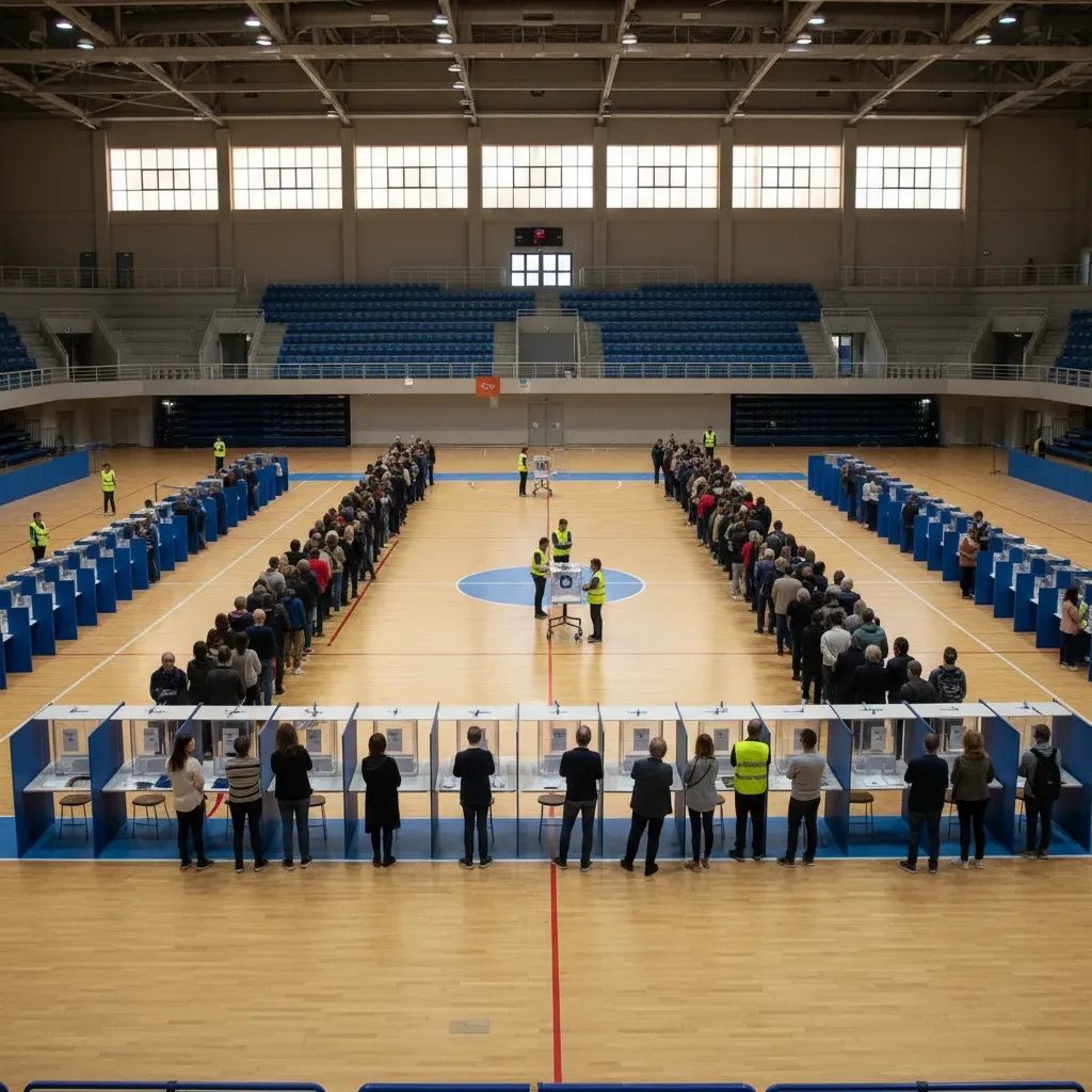 Interior of a Lisbon polling station pavilion with voters queuing smoothly