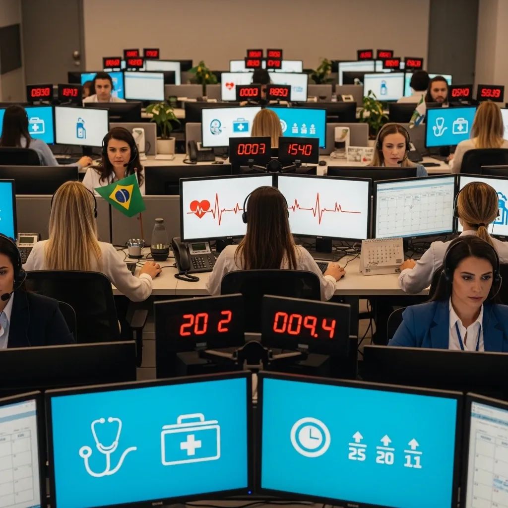 Busy SNS24 call center with operators wearing headsets and medical icons on screens