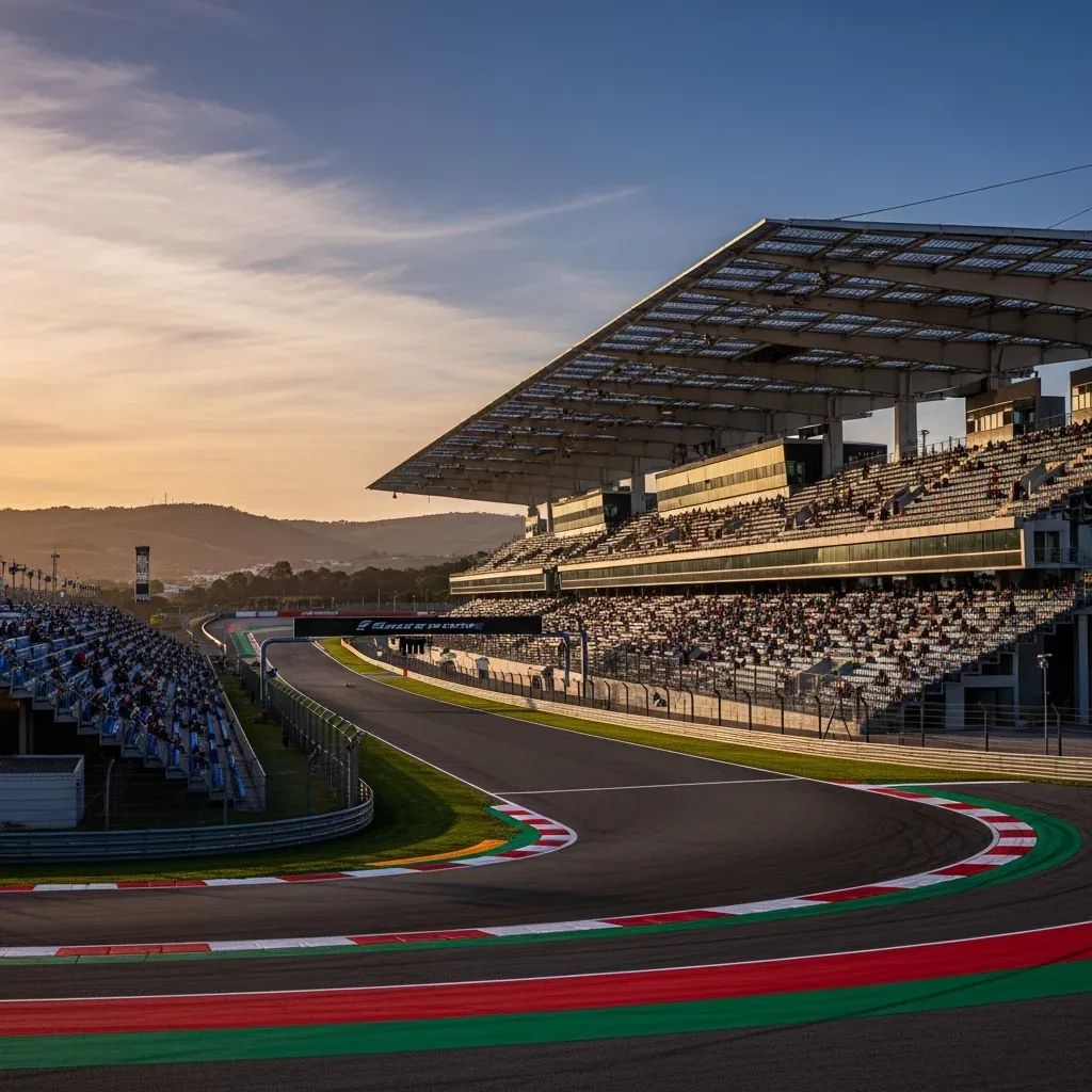Panoramic view of Algarve F1 track with expanded stands and solar panels near Portimão