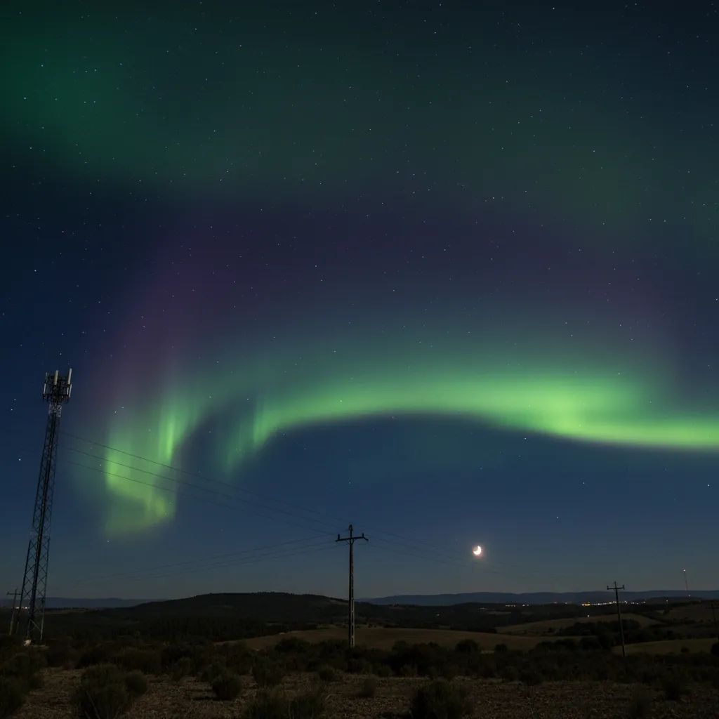 Green and purple aurora borealis over rural Portuguese landscape with power line silhouettes
