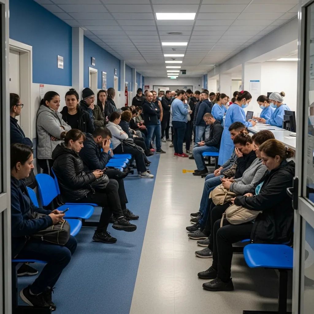 Long queue of patients in a crowded hospital emergency waiting room