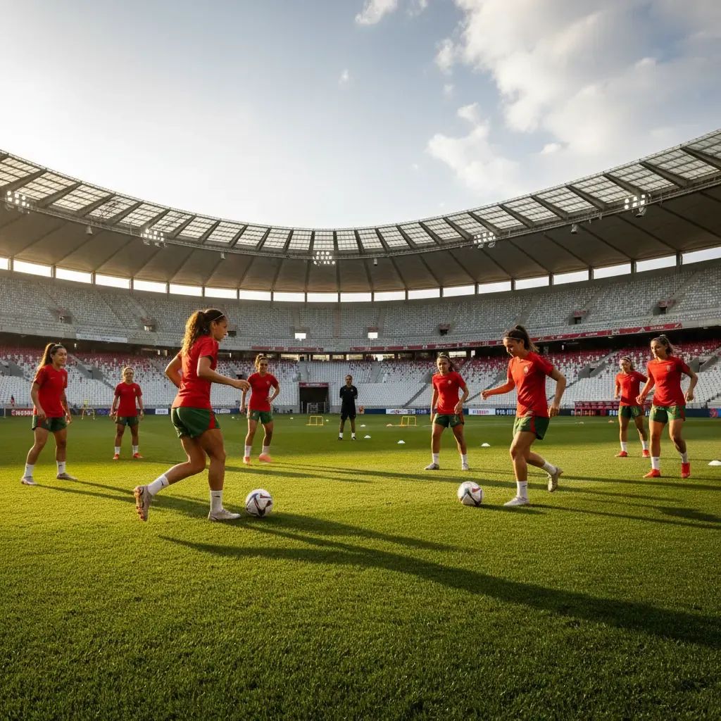 Portuguese women's football team players training in national team jerseys during squad preparation
