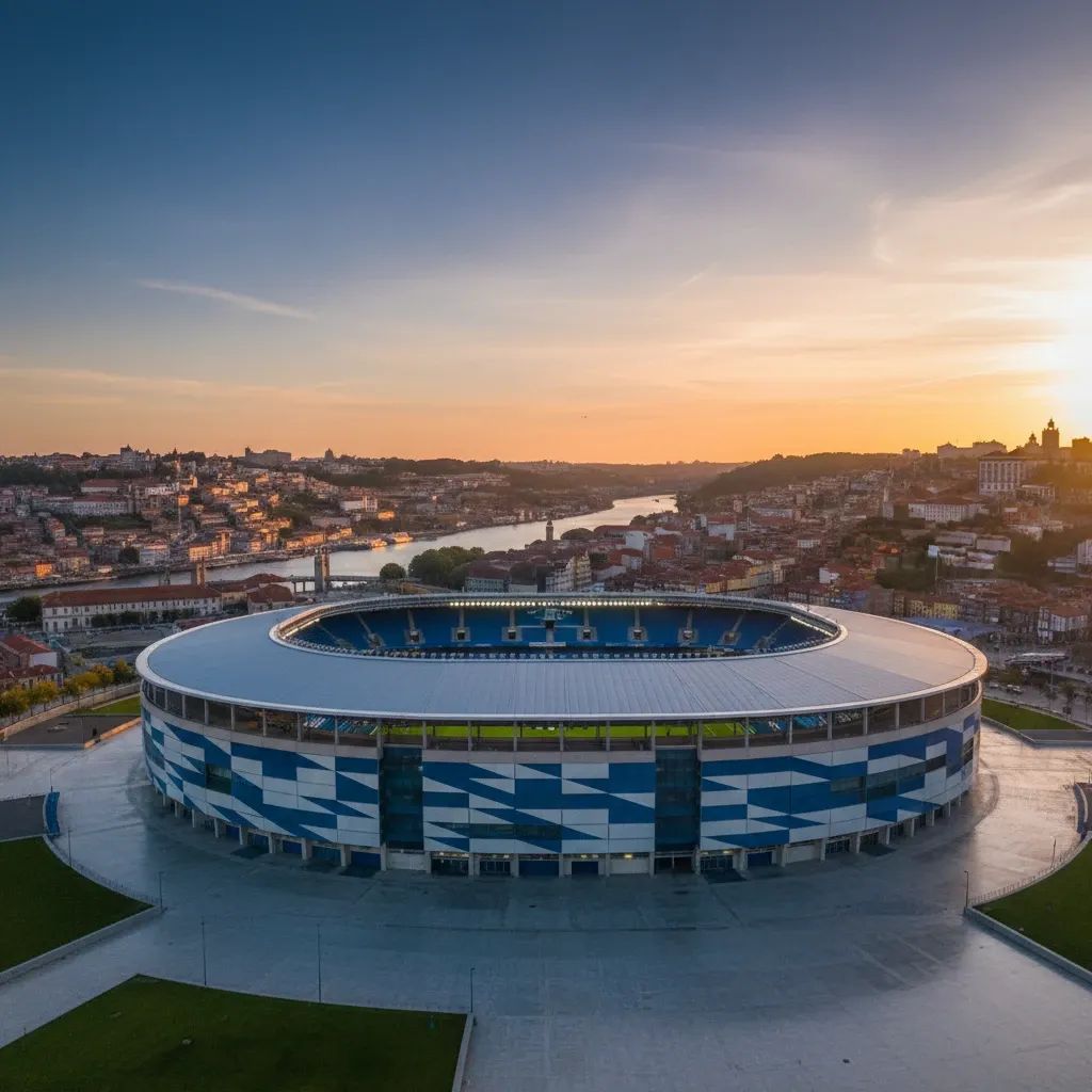 FC Porto Estádio do Dragão stadium with Porto skyline at golden hour, showing the iconic blue and white fortress of Portuguese football