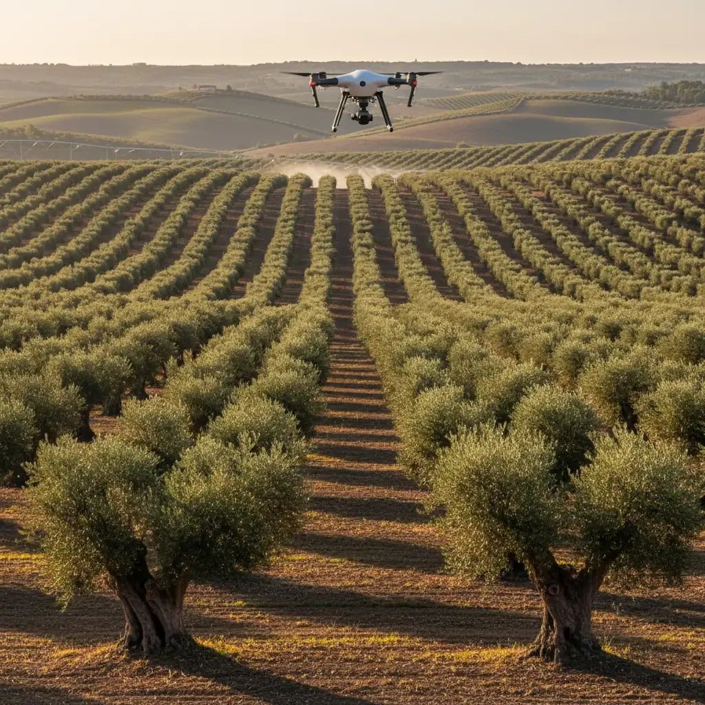 Alentejo olive grove with AI drone and modern irrigation technology monitoring crop production