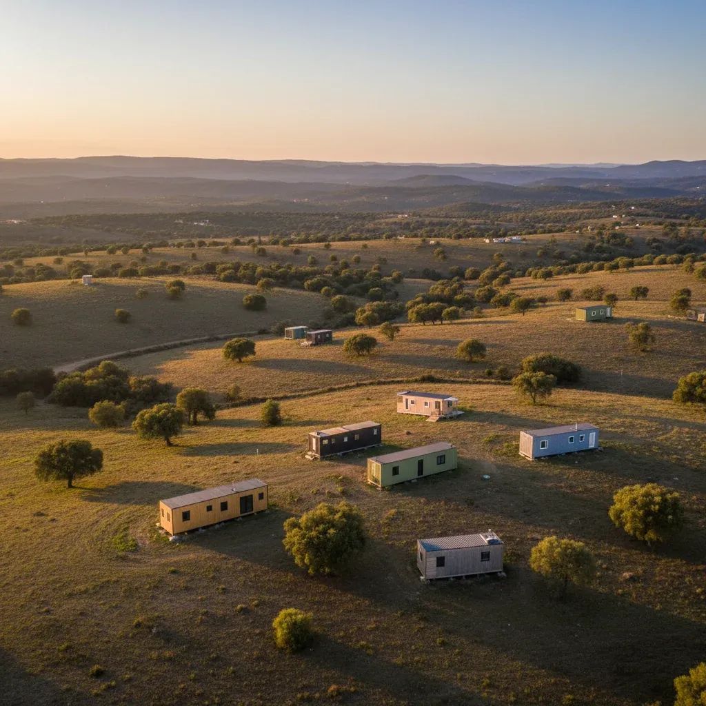 Aerial view of scattered alternative housing structures across rural Algarve countryside