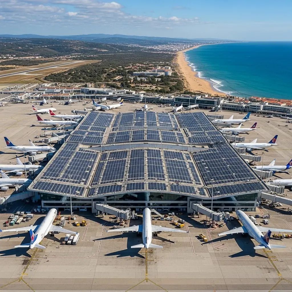 Aerial view of Faro Airport terminal with solar panels and airplanes on the tarmac