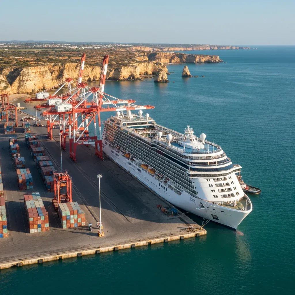 Modern cruise ship arriving at Portimão harbor with Portuguese coast and port infrastructure visible in background
