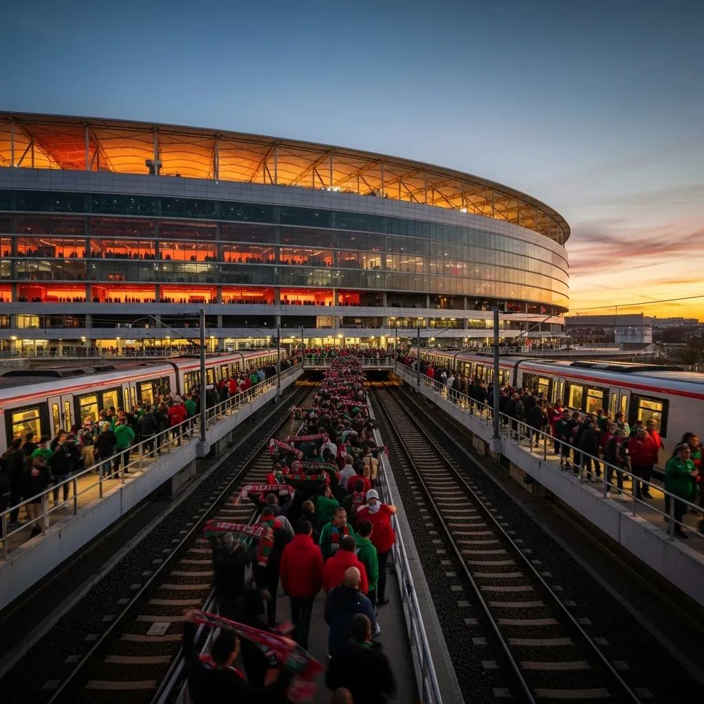 Fans in red and green scarves outside a Portuguese stadium ahead of a football cup final