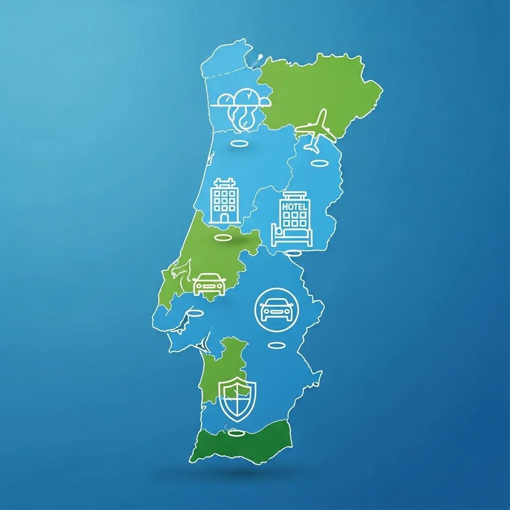 Map of Portugal with travel icons and a shield symbolizing consumer protection