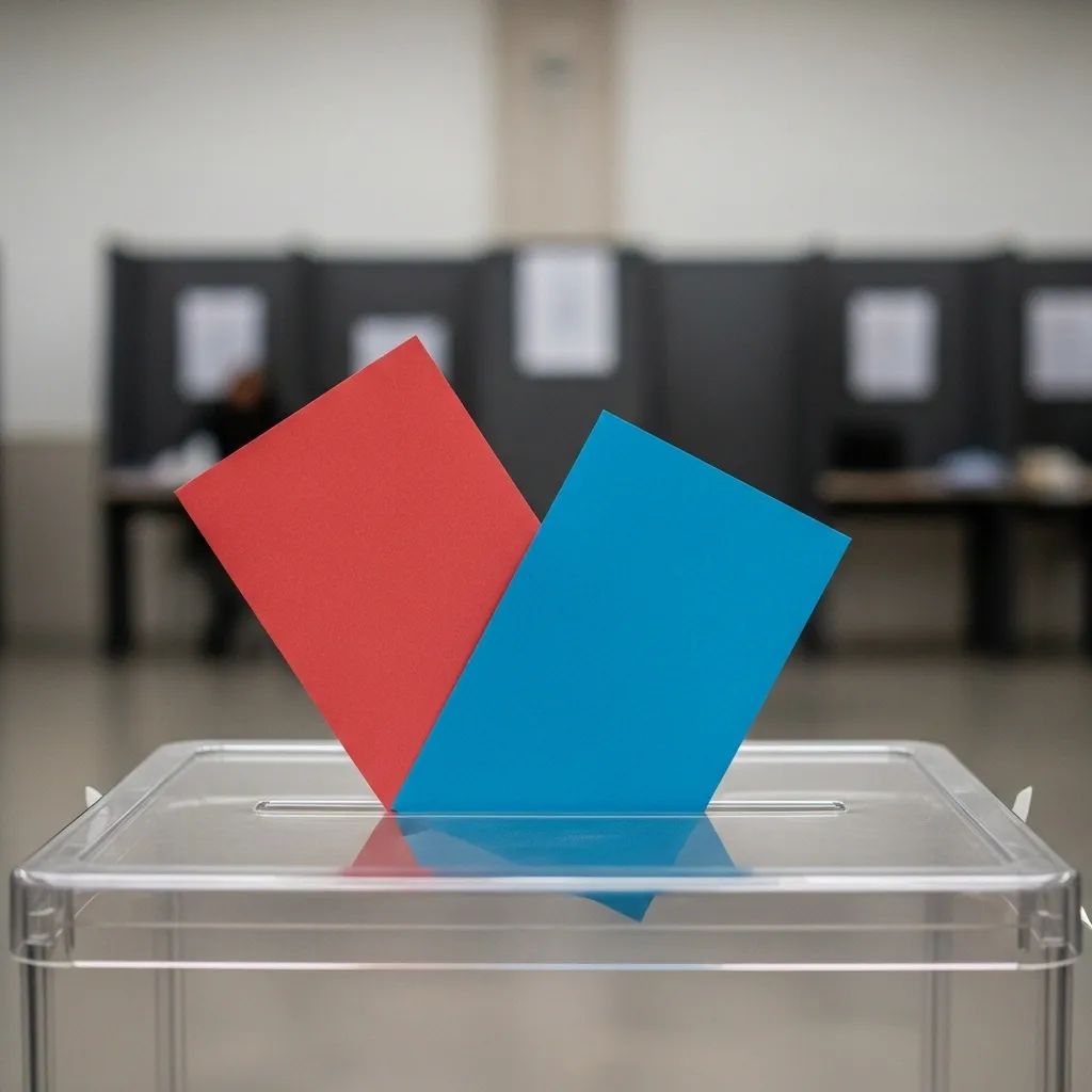 Close-up of a ballot box with red and blue ballots in a Portuguese polling station