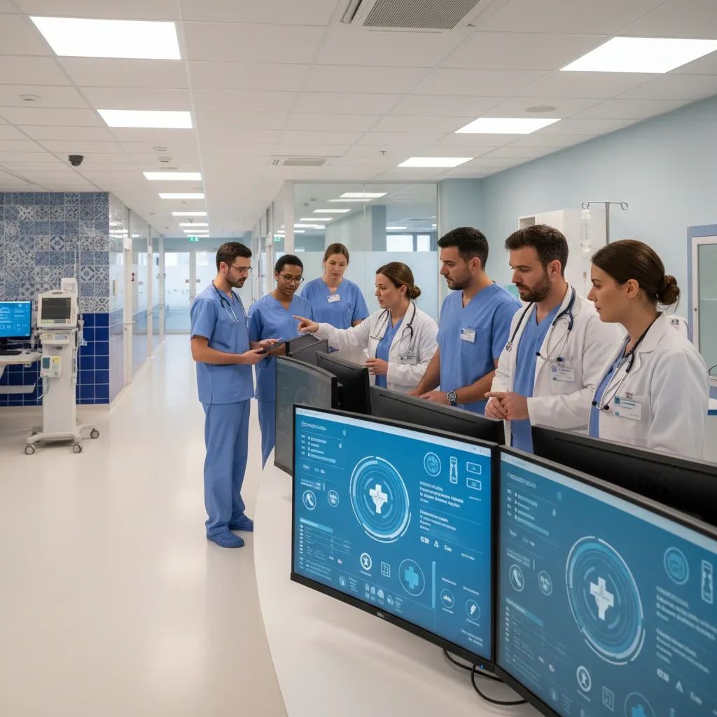 Healthcare professionals reviewing patient records in Portuguese hospital setting