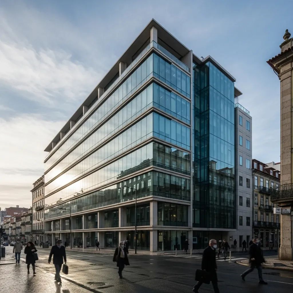Modern glass bank headquarters on a Lisbon street with pedestrians, illustrating faster ECB approval process