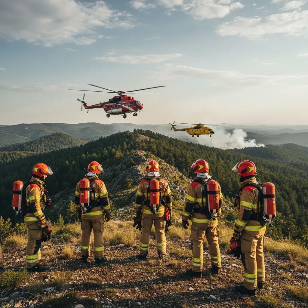 Portuguese firefighting team with protective gear and emergency equipment deployed in forested mountain terrain