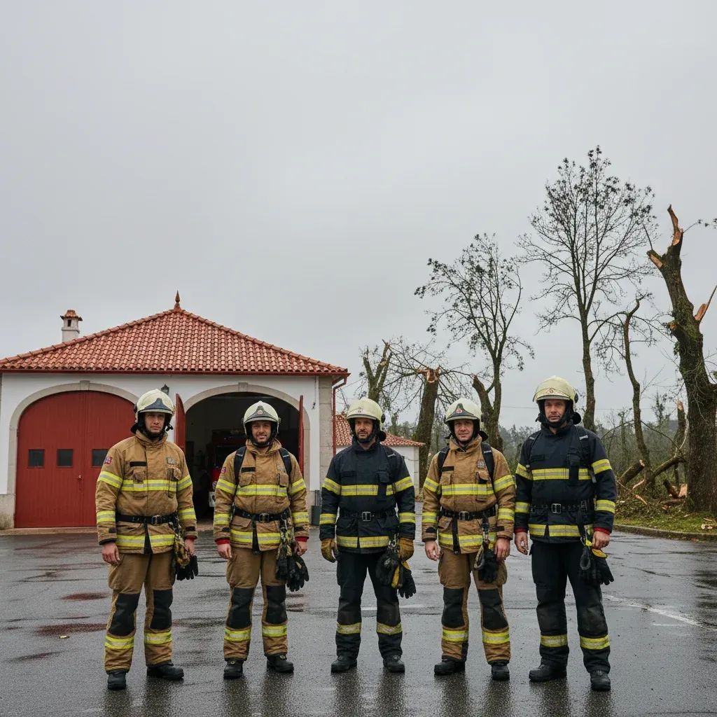 Volunteer firefighters in front of a rural fire station with storm-damaged trees behind them