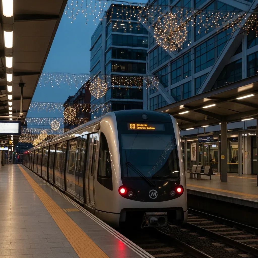 Empty Metro do Porto train at dusk in a station adorned with Christmas lights