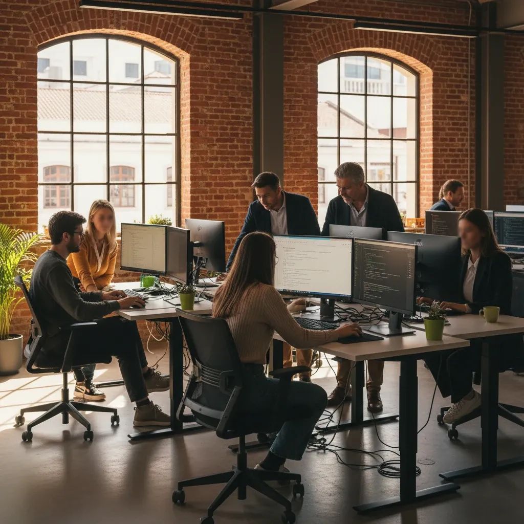 Developers collaborating on AI agent projects in modern tech workspace with multiple screens and collaborative setup