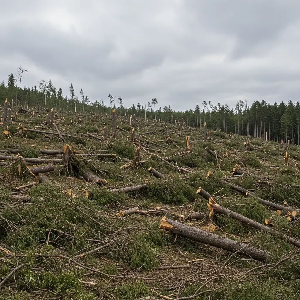 Storm-damaged Portuguese forest with widespread fallen trees and debris covering hillside near Tomar municipality