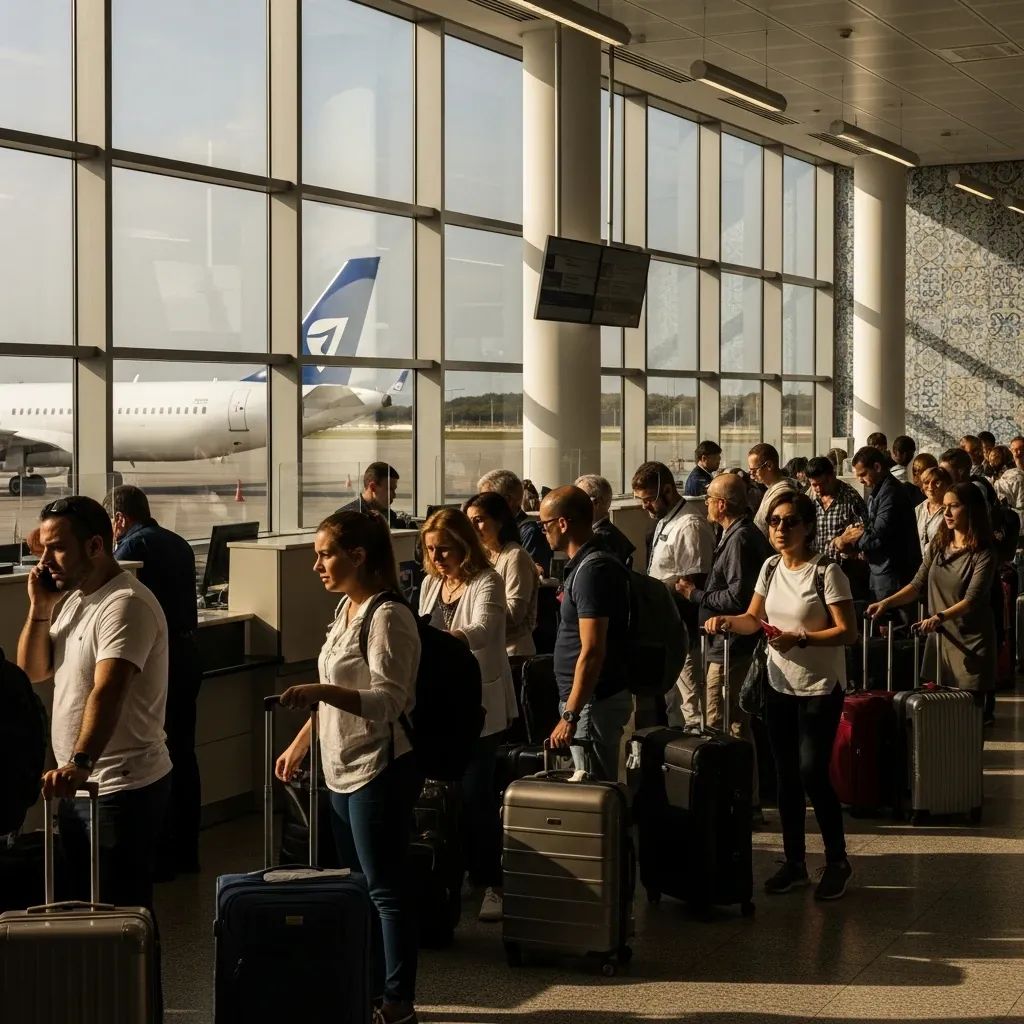 Travelers queuing at Lisbon airport immigration hall with plane visible outside
