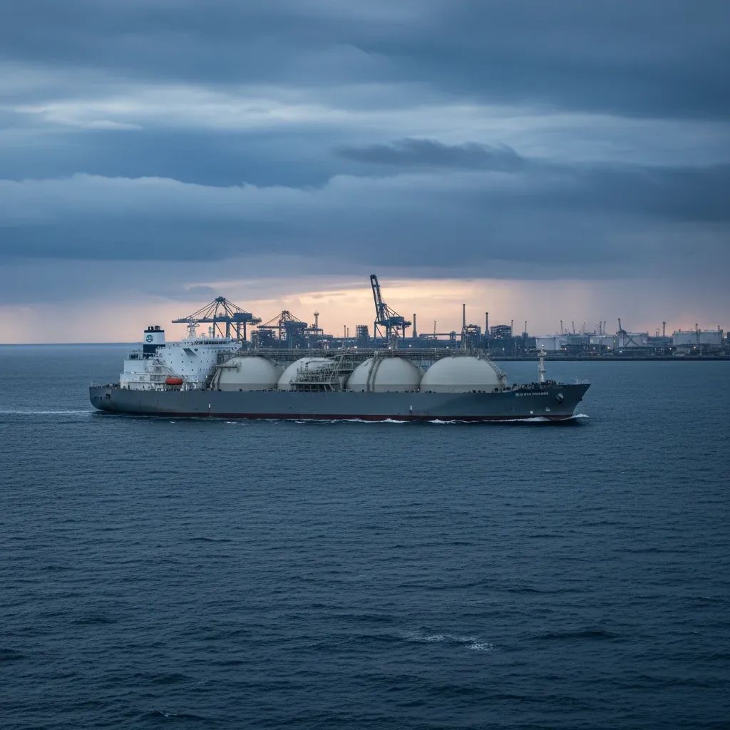 LNG tanker ship in open waters with industrial energy facility in the distance