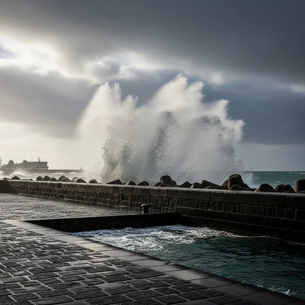 Large waves crashing against Funchal harbour breakwater during stormy conditions