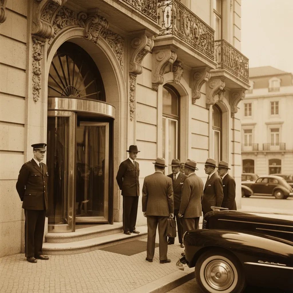 Historic 1940s Lisbon hotel entrance representing the 1942 detention incident that shaped Portugal's cultural legacy